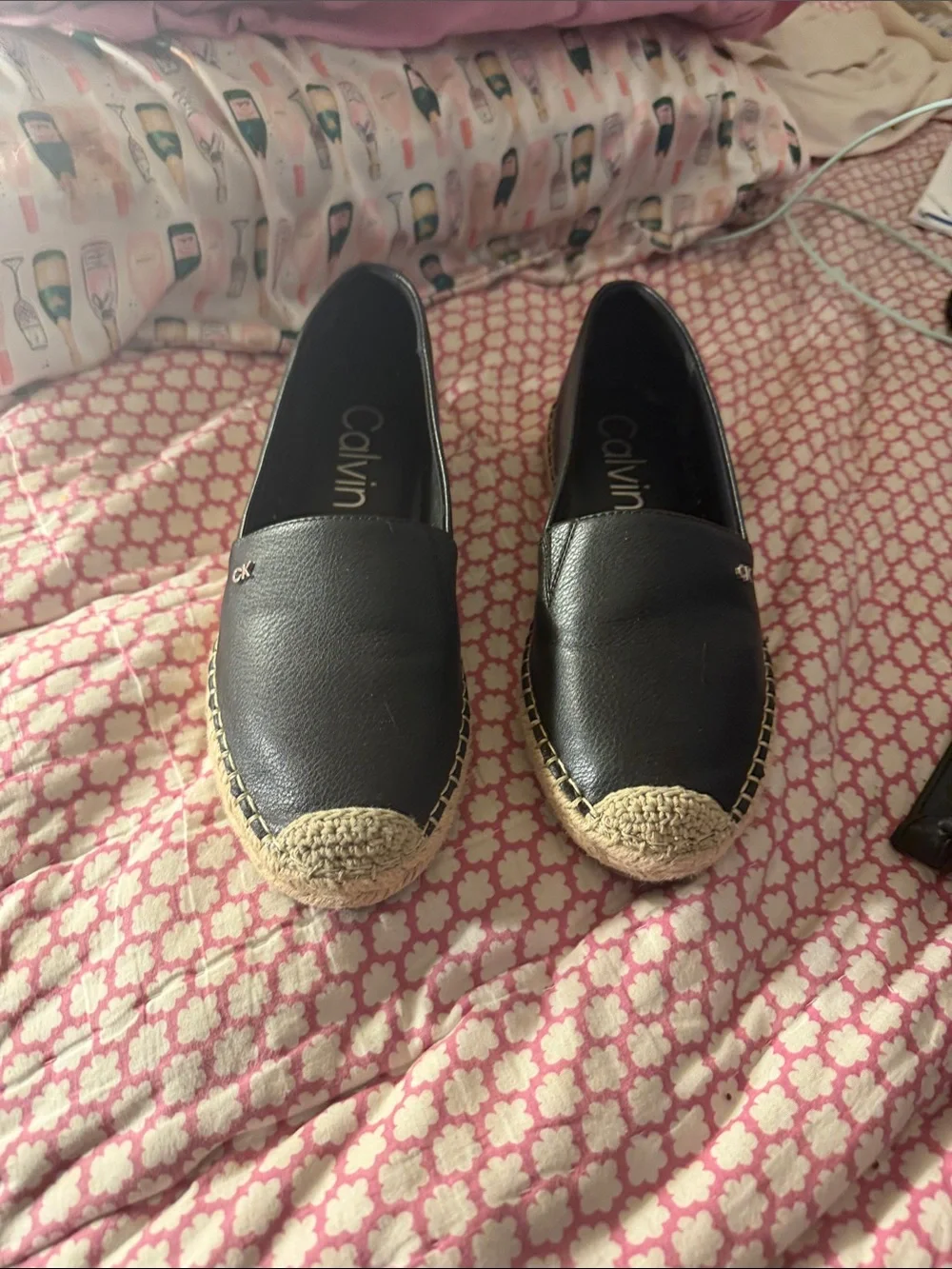 Calvin Klein Black Leather Espadrille Slip-Ons with Jute Trim 8 1/2